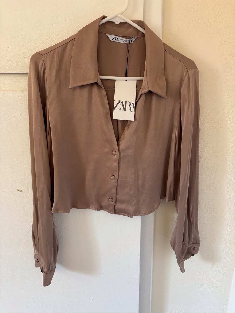 Zara Taupe Satin Cropped Button-Up Blouse